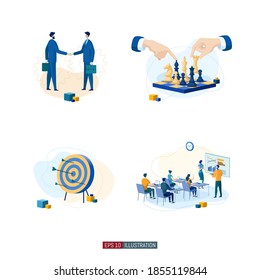 Trendy flat illustration set. Teamwork metaphor concept. Office workers planing business mechanism, analyze business strategy and exchange ideas. Template for design works. Vector graphics.