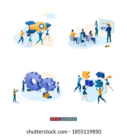 Trendy flat illustration set. Teamwork metaphor concept. Office workers planing business mechanism, analyze business strategy and exchange ideas. Template for design works. Vector graphics.