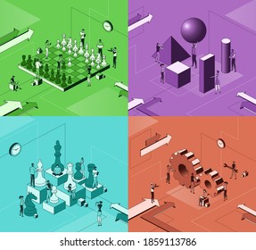 Trendy flat illustration set. Teamwork metaphor concept. Office workers planing business mechanism, analyze business strategy and exchange ideas. Template for design works. Vector graphics.