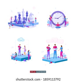 Ilustración plana de moda. Concepto de metáfora de trabajo en equipo. Trabajadores de oficina planificando el mecanismo de negocios, analizando la estrategia de negocios e intercambiando ideas. Plantilla para trabajos de diseño. Gráficos vectoriales.