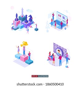 Trendy flat illustration set. Teamwork metaphor concept. Office workers planing business mechanism, analyze business strategy and exchange ideas. Template for design works. Vector graphics.