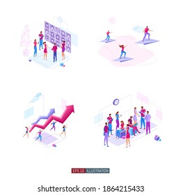 Trendy flat illustration set. Teamwork metaphor concept. Office workers planing business mechanism, analyze business strategy and exchange ideas. Template for design works. Vector graphics.