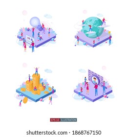 Trendy flache Illustration Set. Teamwork-Metapher-Konzept. Büroangestellte planen Geschäftsmechanismen, analysieren Geschäftsstrategie und tauschen Ideen aus. Vorlage für Design funktioniert. Vektorgrafiken.