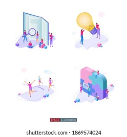 Trendy flat illustration set. Teamwork metaphor concept. Office workers planing business mechanism, analyze business strategy and exchange ideas. Template for design works. Vector graphics.