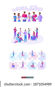 Trendy flat illustration set. Teamwork metaphor concept. Office workers planing business mechanism, analyze business strategy and exchange ideas. Template for your design works. Vector graphics.