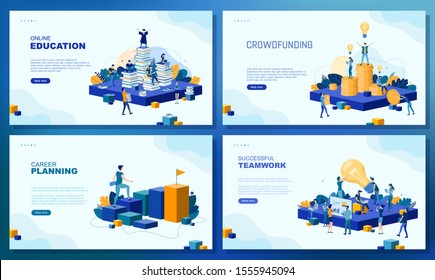 Trendy flat illustration. Set of web page concepts. Online education. Crowdfunding. Career planning. Successful teamwork. Teamwork metaphor concept. Template for your design works. Vector graphics.