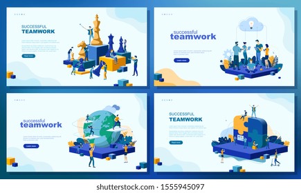 Trendy flat illustration. Set of web page concepts. Successful teamwork. People work. Business strategy. Teamwork and competition. Chess game. Template for your design works. Vector graphics.