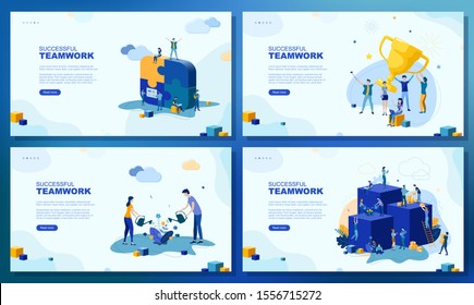 Trendy flat illustration. Set of web page concepts. Successful teamwork. People work. Business strategy. Teamwork and competition. Template for your design works. Vector graphics.