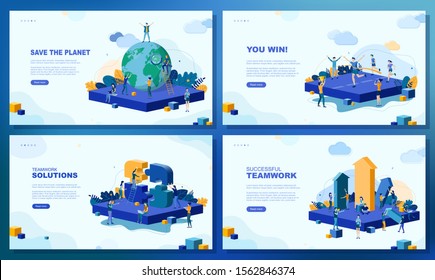 Trendy flat illustration. Set of web page concepts. Save the planet. You win. Teamwork solutions. Successful teamwork. Template for your design works. Vector graphics.