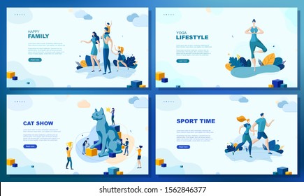 Trendy flat illustration. Set of web page concepts. Happy family. Yoga lifestyle. Sport time. Cat show. Template for your design works. Vector graphics.