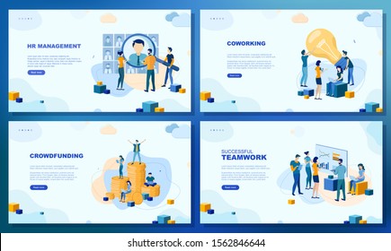 Trendy flat illustration. Set of web page concepts. HR management. Crowdfunding. Coworking. Successful teamwork. Template for your design works. Vector graphics.