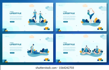 Trendy flat illustration. Set of web page concepts. Yoga Lifestyle. Man and woman doing yoga. Activity. Fitness. Template for your design works. Vector graphics.