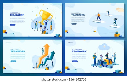 Trendy flat illustration. Set of web page concepts. Successful teamwork. People work. Business strategy. Teamwork and competition. Business growth. Template for your design works. Vector graphics.