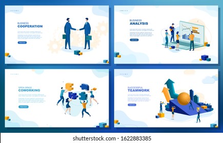 Trendy flat illustration. Set of web page concepts. Business cooperation.  Business analysis. Open space coworkimg. Successful teamwork. Template for your design works. Vector graphics.