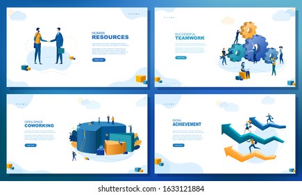 Trendy flat illustration. Set of web page concepts. Human resources. Successful teamwork. Open space coworking. Goal achievement. Template for your design works. Vector graphics.