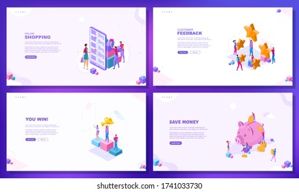 Trendy flat illustration. Set of web page concepts. Online shopping. Customer feedback. You win. Save money. Template for your design works. Vector graphics.