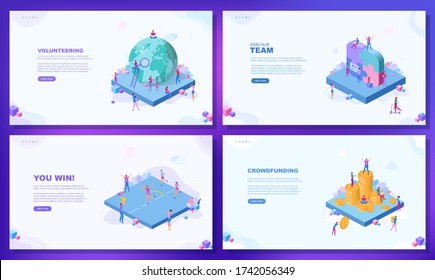 Trendy flat illustration. Set of web page concepts. Volunteering. You win. Join our team. Successful teamwork. Crowdfunding. Template for your design works. Vector graphics.