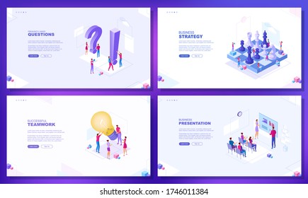Trendy flat illustration. Set of web page concepts. Presentation. Business training. Frequently asked questions. Successful teamwork. Template for your design works. Vector graphics.