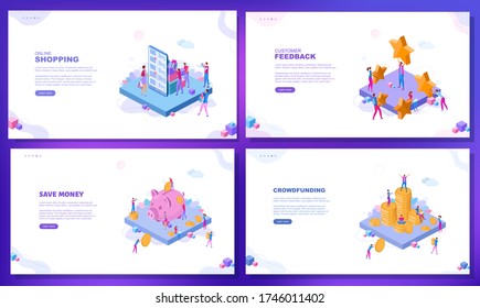 Trendy flat illustration. Set of web page concepts. Online shopping. Customer feedback. Save money. Crowdfunding. Template for your design works. Vector graphics.