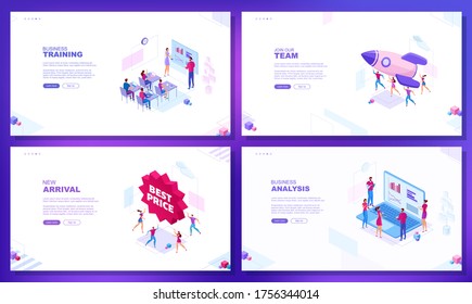 Trendy flat illustration. Set of web page concepts. Business training. Join our team. New arrivals. Business analysis. Template for your design works. Vector graphics.