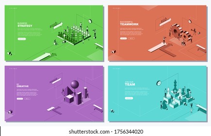 Ilustración plana de moda. Conjunto de conceptos de página web. Estrategia empresarial. Trabajo en equipo exitoso. Sé creativo. Únase a nuestro equipo.  La plantilla para el diseño funciona. Gráficos vectoriales.