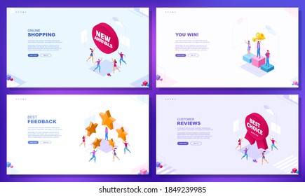 Ilustración plana de moda. Conjunto de conceptos de página web. Compras en línea. Comentarios de los clientes. Mejor retroalimentación. Ganaste. La plantilla para el diseño funciona. Gráficos vectoriales.