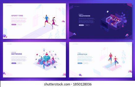 Trendy flat illustration. Set of web page concepts. Social network. Sport time. Family television. Yoga lifestyle. Template for your design works. Vector graphics.