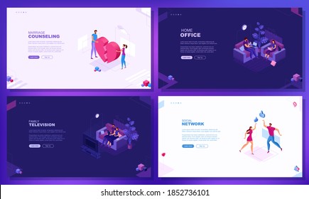 Trendy flat illustration. Set of web page concepts. Marriage counselling. Social network. Family television. Home office. Template for your design works. Vector graphics.