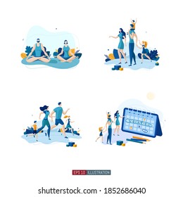 Trendy flat illustration set. Yoga lifestyle. Happy family. Sport time. Time to travel. Template for your design works. Vector graphics.