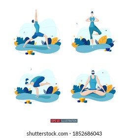 Trendy flat illustration set. Yoga poses set. Yoga Lifestyle. Man and woman doing yoga. Activity. Fitness. Template for your design works. Vector graphics.