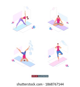 Trendy flat illustration set. Yoga poses set. Yoga Lifestyle. Man and woman doing yoga. Activity. Fitness. Template for design works. Vector graphics.