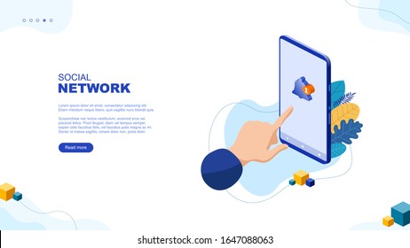 Trendy flat illustration. Social network page concept. Smartphone with message symbol on the screen. Social media. Communications. Template for your design works. Vector graphics.