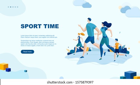 Trendy flat illustration. Sport Time page concept. Running man, woman and children. Happy Family. Template for your design works. Vector graphics.