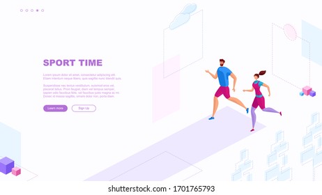 Trendy flat illustration. Sport Time page concept. Running man and woman. Template for your design works. Vector graphics.