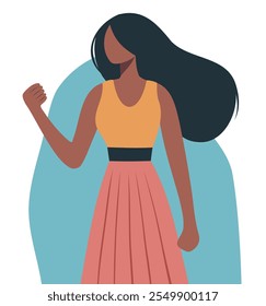 Ilustração plana moda mulher forte. Feliz dia das mulheres. Conceito de igualdade de proteção e liberdade das mulheres, empoderamento das mulheres. Cartão-postal vetorial em estilo plano