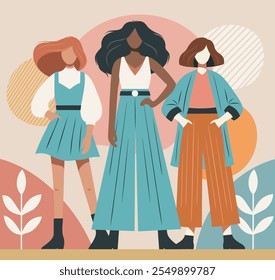 Trendy plana ilustração mulheres fortes ficar juntos. Conceito feminismo igualdade de gênero proteção dos direitos e liberdades das mulheres. Cartão de saudação vetorial em estilo plano