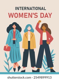 Ilustración plana de moda mujeres fuertes se mantienen juntas. Feliz día de la mujer. Concepto de igualdad de protección y libertad de las mujeres, empoderamiento de las mujeres. Postal de estilo plano de Vector