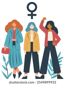 Trendy flat illustration strong women stand together. Concept of feminism gender equality protection and freedom of women and empowerment of women. Vector postcard in flat style