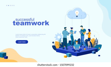 Trendy flat illustration. Successful teamwork page concept. Office workers planing business mechanism, analyze business strategy and exchange ideas.Template for your design works. Vector graphics.