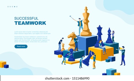 Trendy flat illustration. Successful teamwork page concept. People work. Business strategy. Teamwork and competition. Chess game. Chess pieces.Template for your design works. Vector graphics.