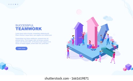 Ilustración plana de moda. Concepto de página de trabajo en equipo correcto. Trabajadores de Office planificando el mecanismo de negocios, analizando la estrategia de negocio e intercambiando ideas.Plantilla para los trabajos de diseño. Gráficos vectoriales.