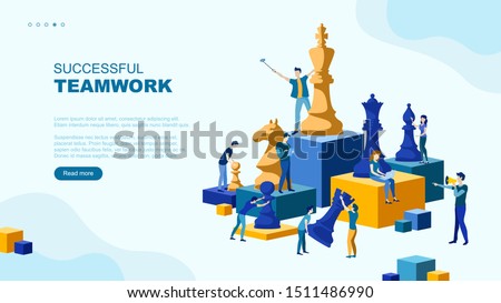 Trendy flat illustration. Successful teamwork page concept. People work. Business strategy. Teamwork and competition. Chess game. Chess pieces.Template for your design works. Vector graphics.