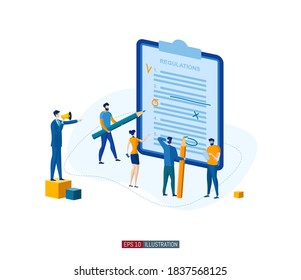 Trendy flat illustration. Teamwork concept. People compose and edit regulations. Planning. Business strategy. Organization. Cooperation. Template for your design works. Vector graphics.