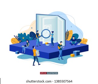 Trendy flat illustration. Teamwork metaphor concept. People read books and collaborate. Learning. Education.  Knowledge. Training. Template for your design works. Vector graphics.