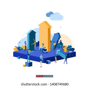 Ilustración plana de moda. Concepto de metáfora de trabajo en equipo.Negocios.Crecimiento. Competencia. Cooperación. Resultado. Victoria. Plantilla para las obras de diseño. Gráficos vectoriales.