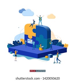 Trendy flat illustration. Teamwork metaphor concept. Cooperation of people who implement the joint idea.  Template for your design works. Vector graphics.