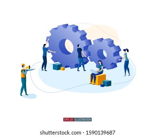 Trendy flat illustration. Teamwork metaphor concept. Cooperation of people who implement the joint idea.  Template for your design works. Vector graphics.