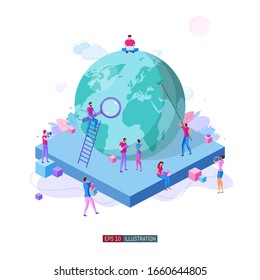 Trendy flat illustration. Teamwork metaphor concept. Volunteering. Globalisation. Learning. Education.  Knowledge. Training. Template for your design works. Vector graphics.