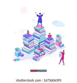Trendy flat illustration. Teamwork metaphor concept. People read books and collaborate. Learning. Education. Knowledge. Сollege graduate. Template for your design works. Vector graphics.