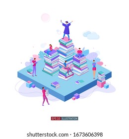 Trendy flat illustration. Teamwork metaphor concept. People read books and collaborate. Learning. Education.  Knowledge. Сollege graduate. Template for your design works. Vector graphics.